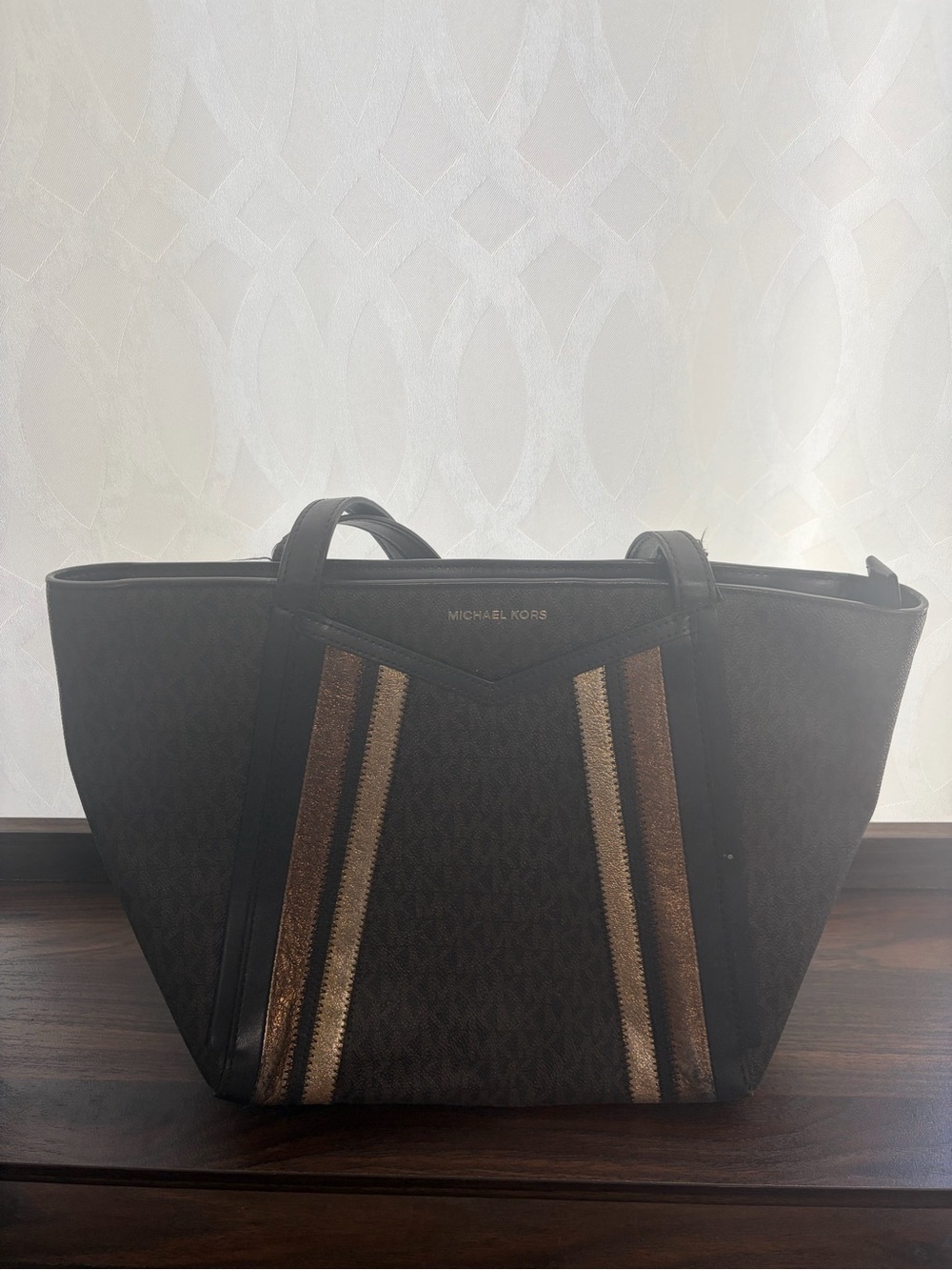 Michael Kors Brown Logo Tote with Bronze and Gold Stripes